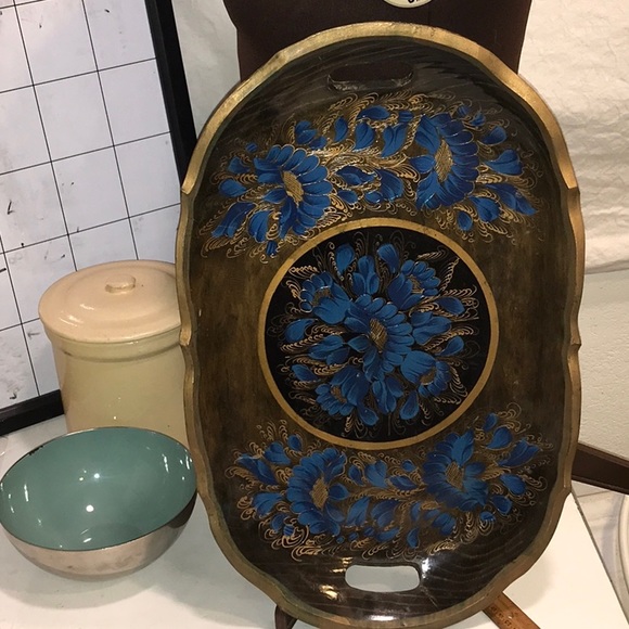 Wooden Mexican Batea Tray Blue Floral Lacquered Handmade Floral Folk A… - Picture 3 of 14